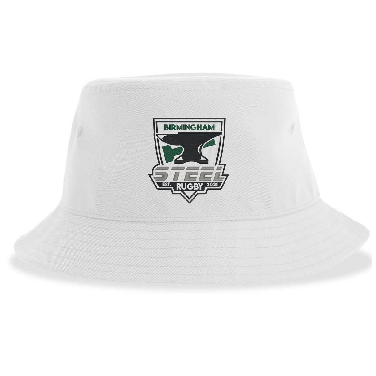 The Birmingham Steel Rugby Sustainable Bucket Hat by EMB S&S Activewear is a white, eco-friendly bucket hat crafted from recycled polyester, featuring the "Birmingham Steel Rugby" logo with a bull and shield and "Established 2021" printed on the front.