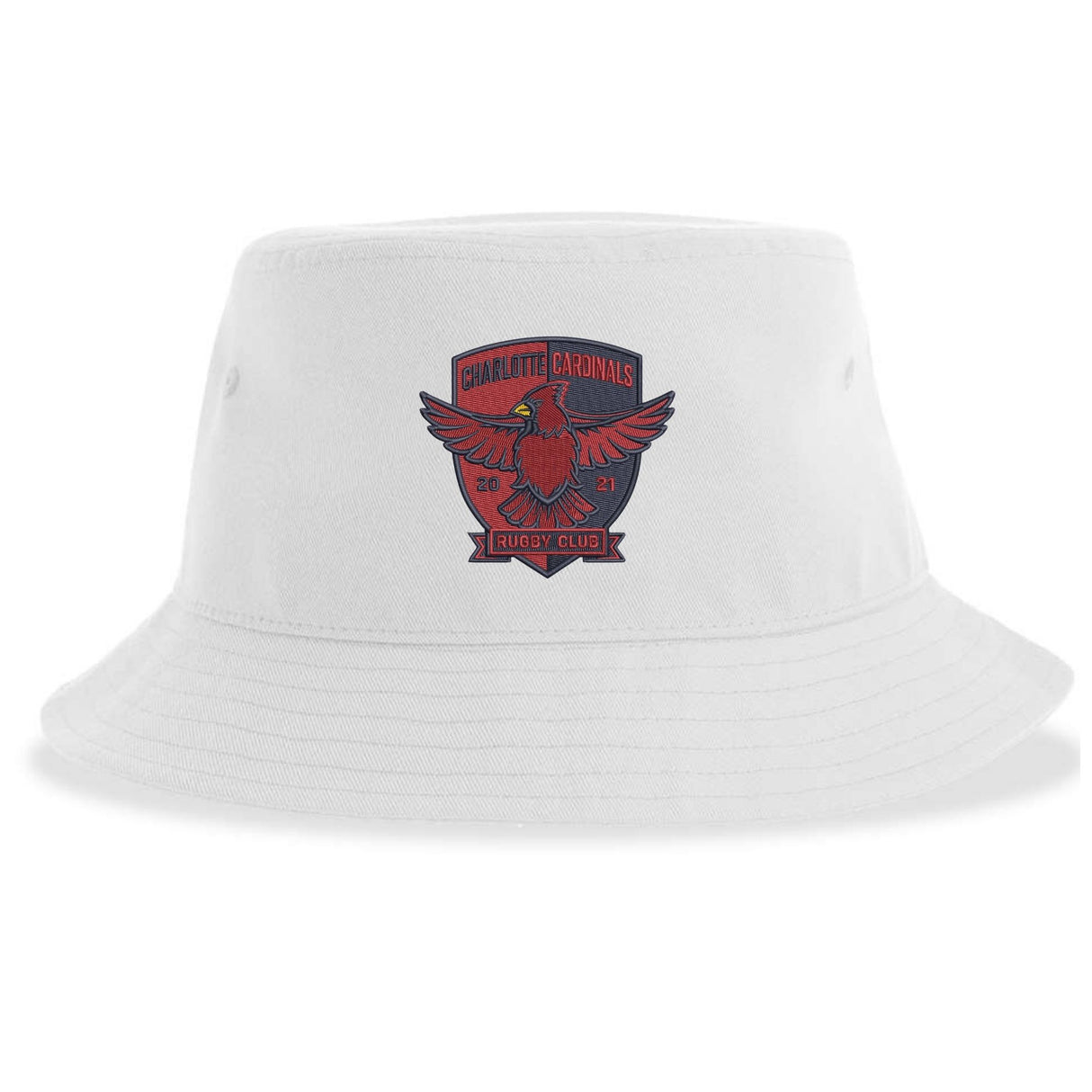 Introducing the Charlotte Cardinals Rugby Sustainable Bucket Hat by EMB S&S Activewear—crafted from recycled polyester for eco-friendly style. This white bucket hat features a striking red and black "Charlotte Cardinals Rugby Club" logo with a cardinal and shield design on the front, perfect for fans who value sustainability.