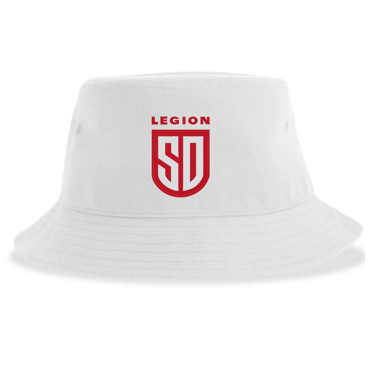The San Diego Legion Rugby Sustainable Bucket Hat by EMB S&S Activewear is crafted from white recycled polyester and features a bold red "LEGION SD" logo centered on the front—a perfect eco-friendly accessory for San Diego Legion rugby fans.