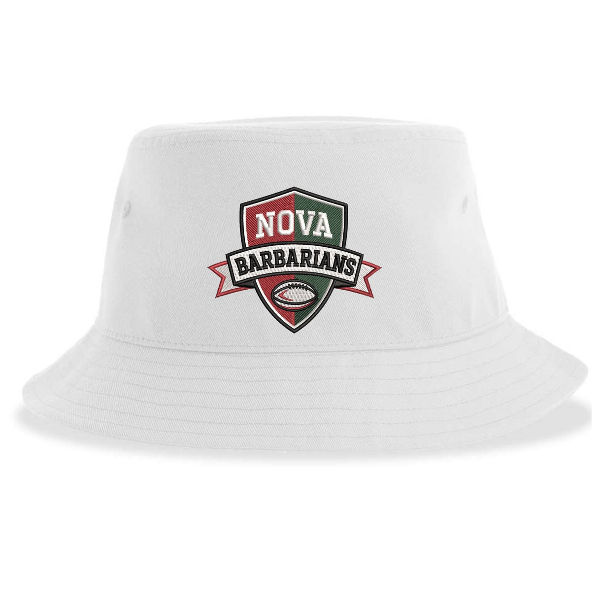 Introducing the EMB S&S Activewear NOVA Barbarians Rugby Sustainable Bucket Hat—a white bucket hat crafted from recycled polyester for eco-conscious comfort. This stylish accessory features a shield logo with "NOVA Barbarians" text and a football graphic prominently displayed on the front.