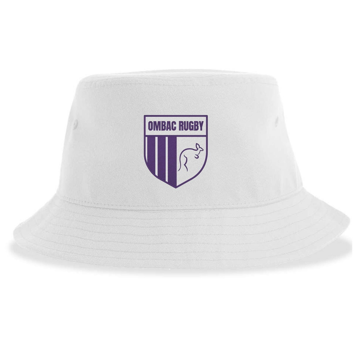The OMBAC Rugby Sustainable Bucket Hat by EMB S&S Activewear is a white eco-friendly hat showcasing a purple OMBAC Rugby crest with vertical stripes and a bull graphic on the front.