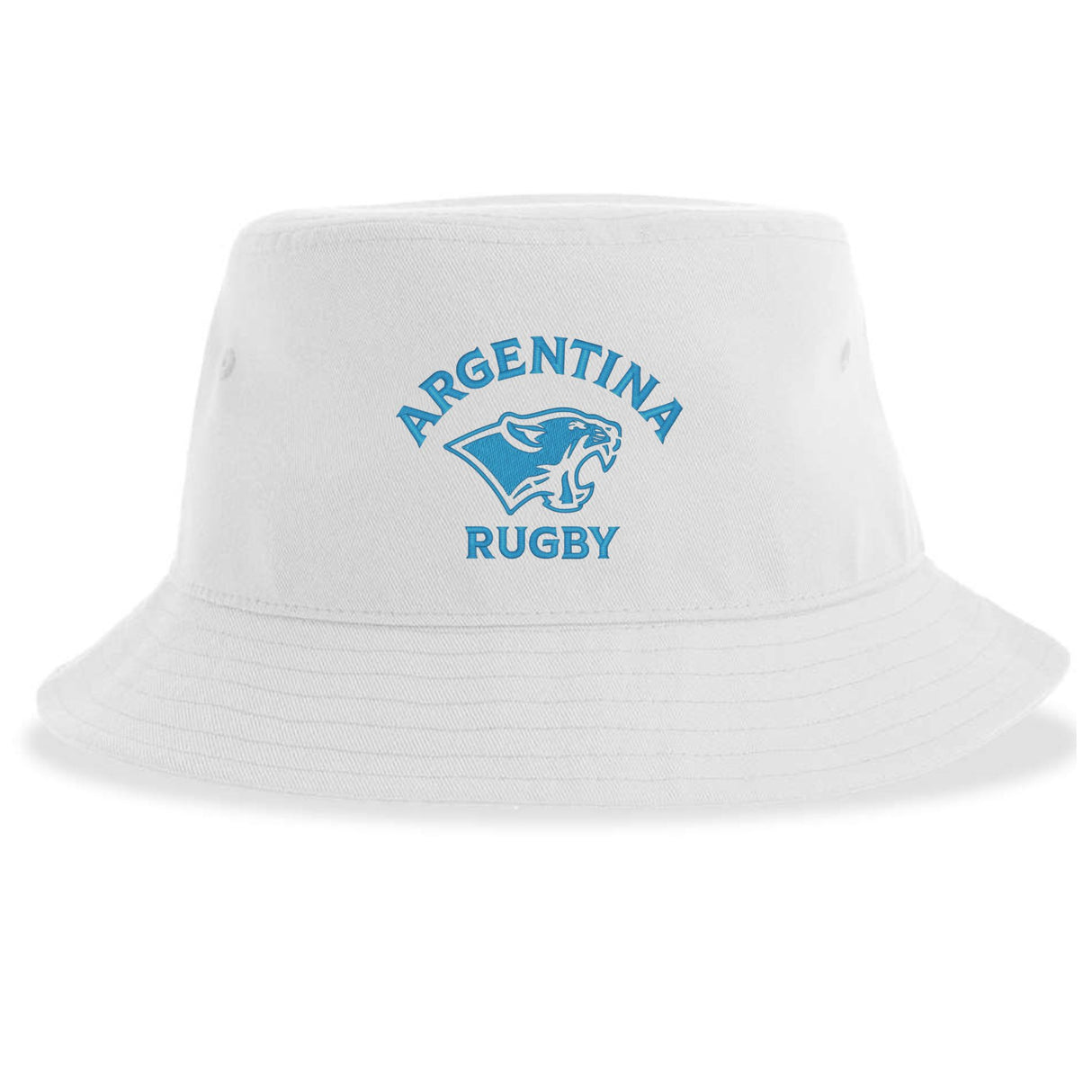 The Nations of Rugby Argentina Rugby Sustainable Bucket Hat by EMB S&S Activewear features a white design with a blue "Argentina Rugby" logo and a stylized jaguar head on the front. Made from recycled polyester, this eco-friendly bucket hat combines sporty style with sustainability.