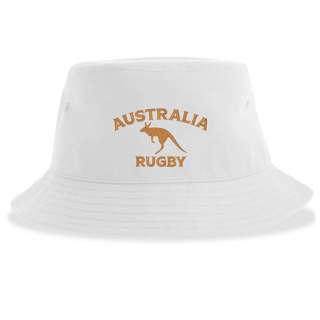 Nations of Rugby Australia Rugby Sustainable Bucket Hat by EMB S&S Activewear: a white bucket hat crafted from recycled polyester, featuring "AUSTRALIA RUGBY" text and a gold kangaroo graphic on the front—combining eco-friendly style with team pride.