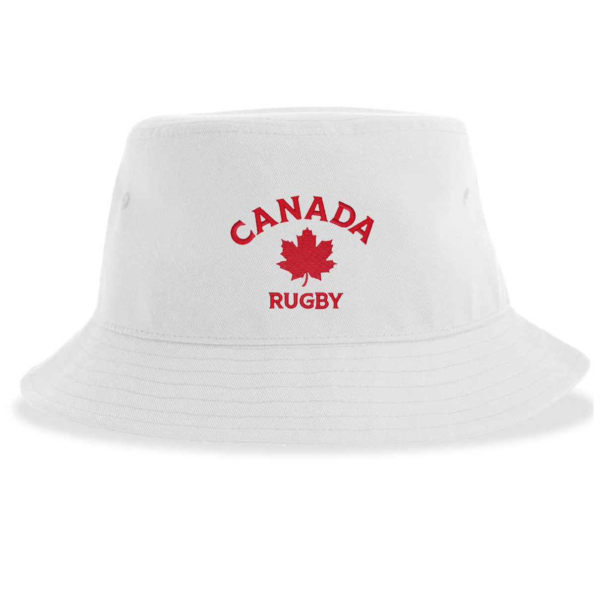 The Nations of Rugby Canada Rugby Sustainable Bucket Hat by EMB S&S Activewear is crafted from recycled polyester for an eco-friendly touch, featuring a white design with red "CANADA RUGBY" lettering and a maple leaf graphic on the front.