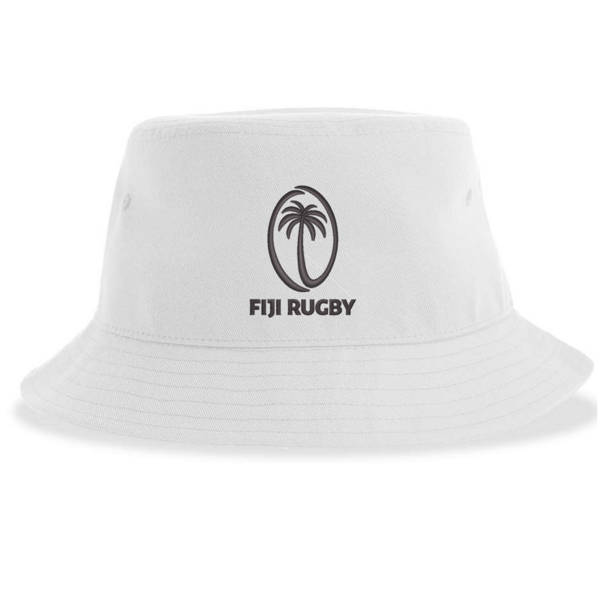The Fiji Sustainable Bucket Hat by EMB S&S Activewear features a white design with a black palm tree logo above the words "FIJI RUGBY" on the front.
