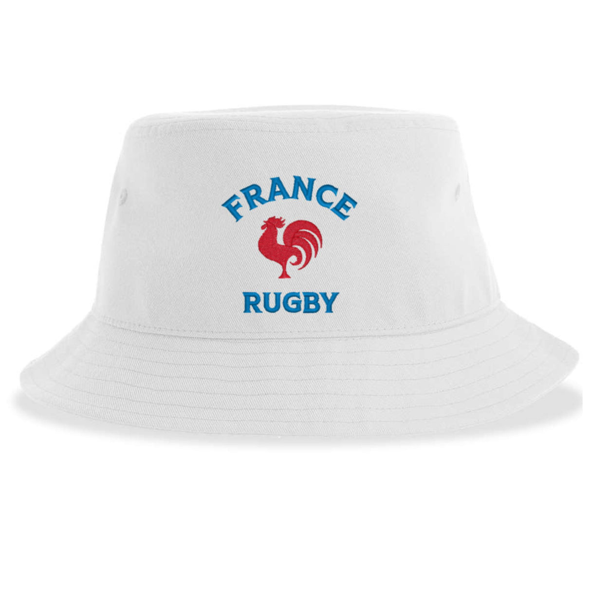 The Nations of Rugby France Rugby Sustainable Bucket Hat by EMB S&S Activewear is crafted from white recycled polyester and showcases a striking red rooster graphic with "FRANCE RUGBY" in blue text on the front—a perfect, eco-friendly way to show your support.