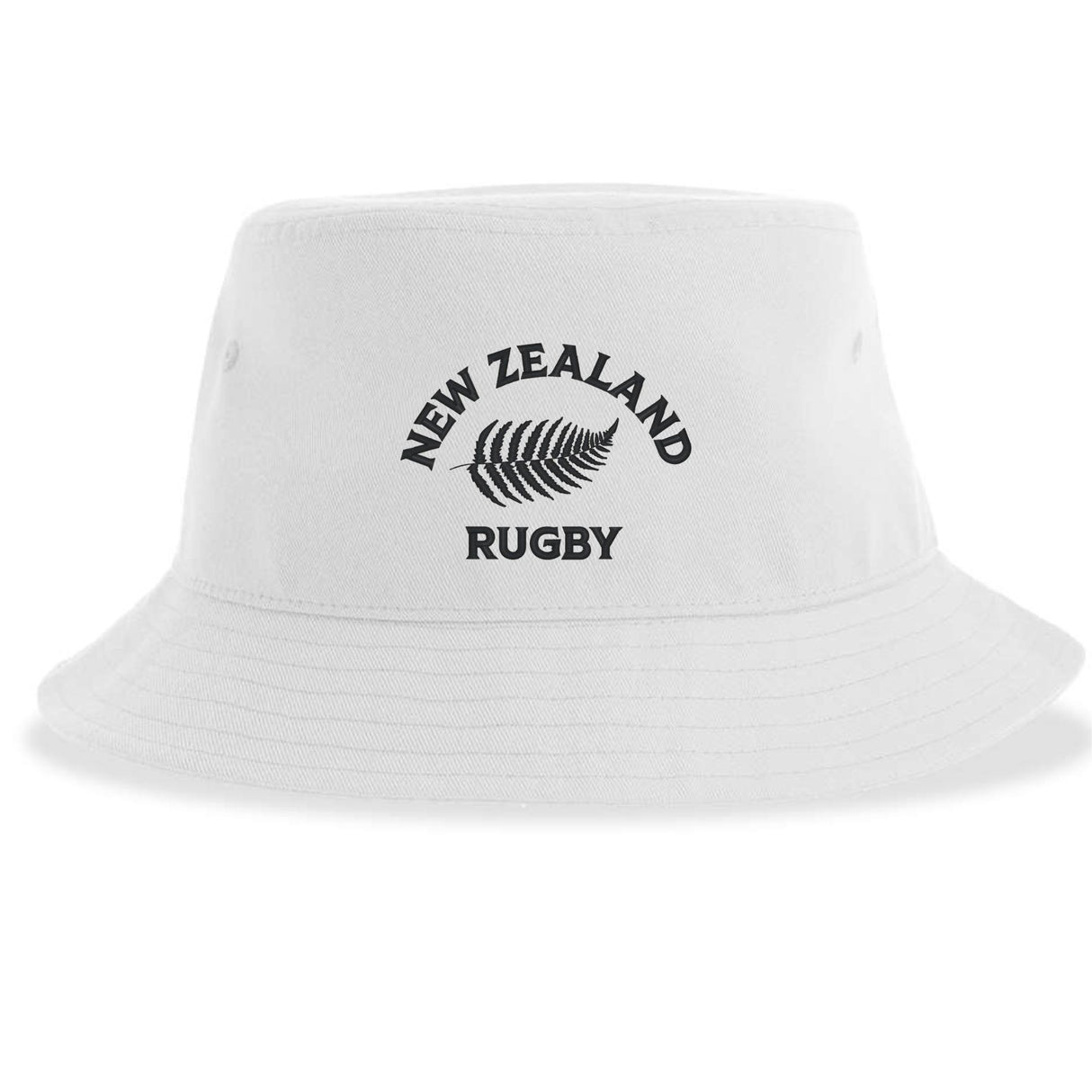 Introducing the Nations of Rugby New Zealand Rugby Sustainable Bucket Hat by EMB S&S Activewear—a white bucket hat made from recycled polyester, featuring "New Zealand Rugby" and a black fern logo on the front for eco-conscious fans.