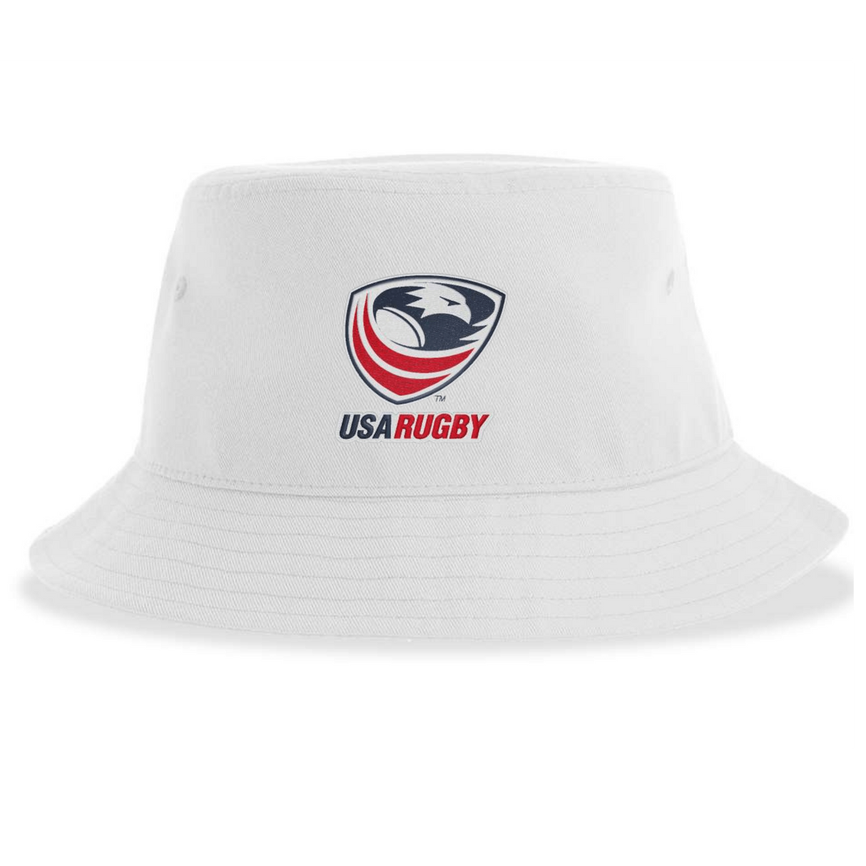 Introducing the USA Rugby Crest Sustainable Bucket Hat by EMB S&S Activewear—a white, eco-friendly bucket hat crafted from recycled polyester. Featuring the USA Rugby crest with an eagle head and bold red, white, and blue accents on the front, this sustainable accessory combines standout style with environmental responsibility.