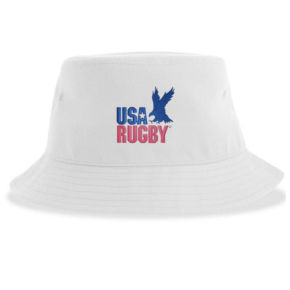The USA Rugby Throwback Sustainable Bucket Hat by EMB S&S Activewear features a white design with the iconic blue-and-red logo and an eagle graphic soaring above the word "Rugby," combining classic throwback style with sustainable materials.