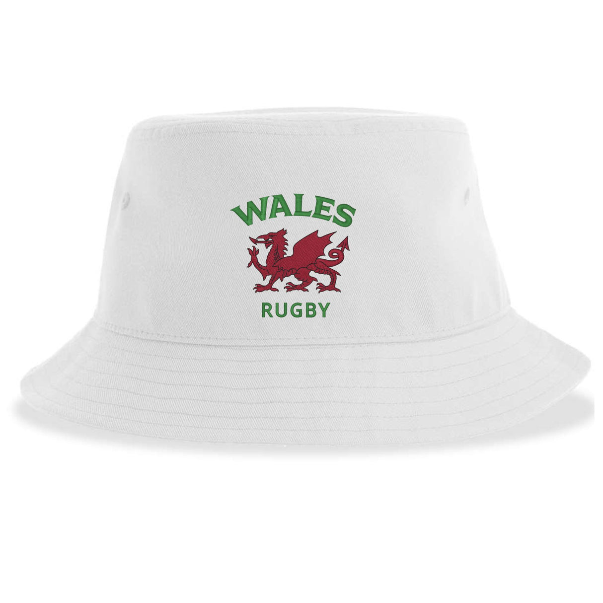 The Nations of Rugby Wales Rugby Sustainable Bucket Hat by EMB S&S Activewear features a white design with the red Welsh dragon and green "WALES RUGBY" text on the front, crafted from recycled polyester for an eco-friendly choice.