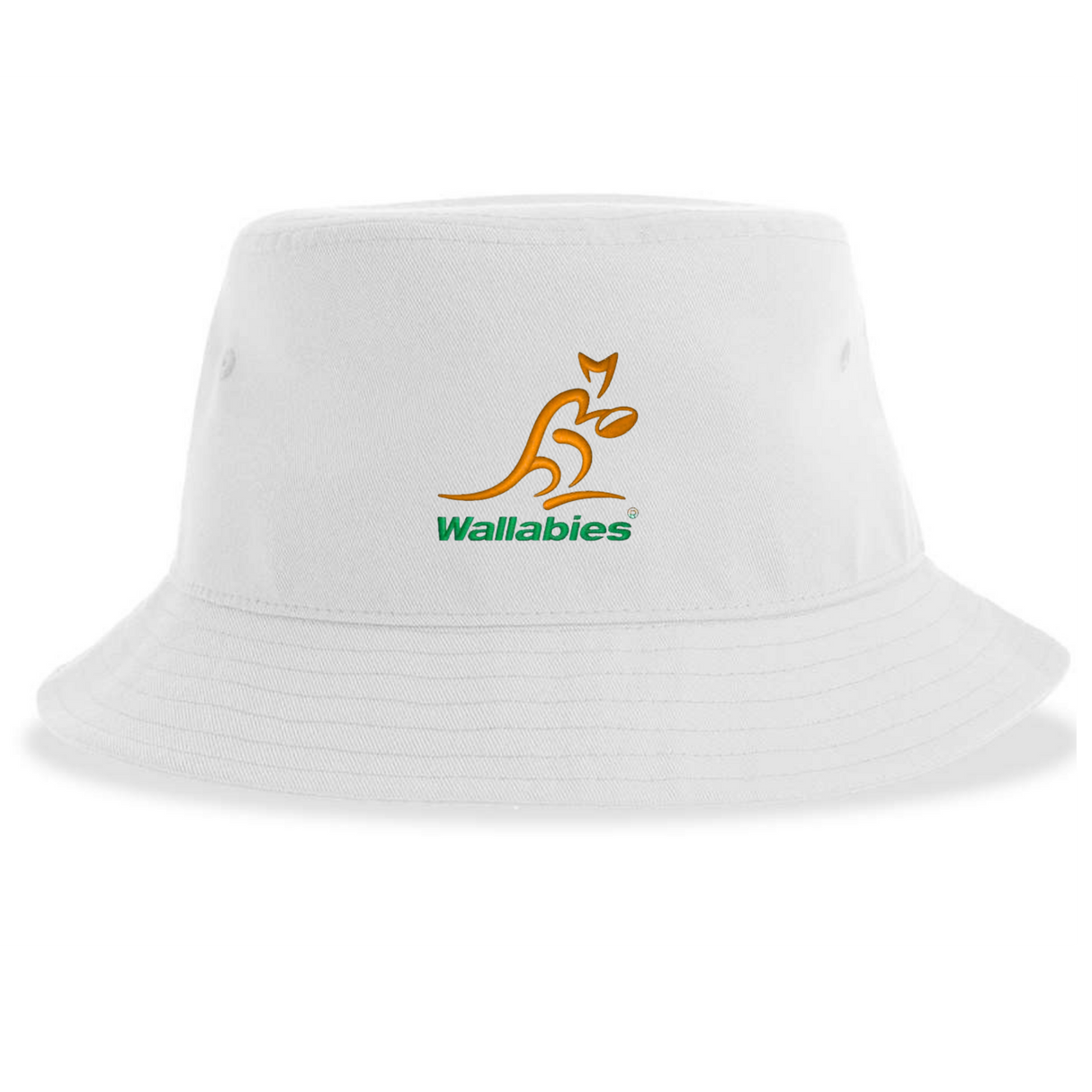 The Wallabies Sustainable Bucket Hat by EMB S&S Activewear features the iconic Wallabies rugby logo and text embroidered in yellow and green on the front, making it perfect for any Rugby Australia fan.