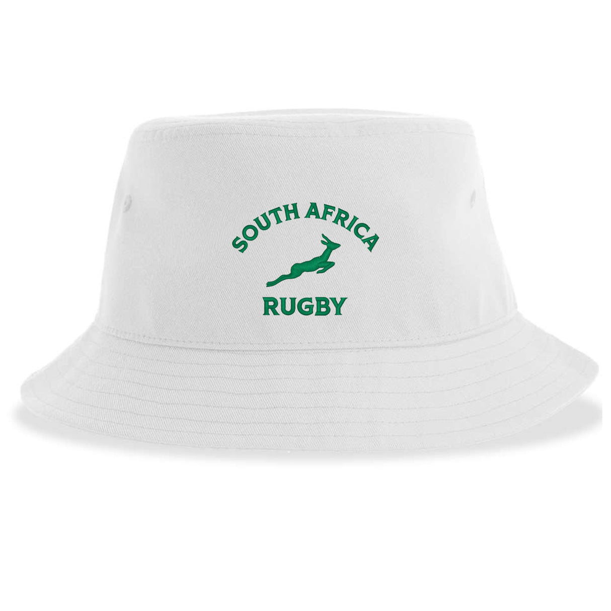 The Nations of Rugby South Africa Rugby Sustainable Bucket Hat by EMB S&S Activewear is crafted from recycled polyester and features green "SOUTH AFRICA RUGBY" text and a central springbok logo, combining style with sustainability.