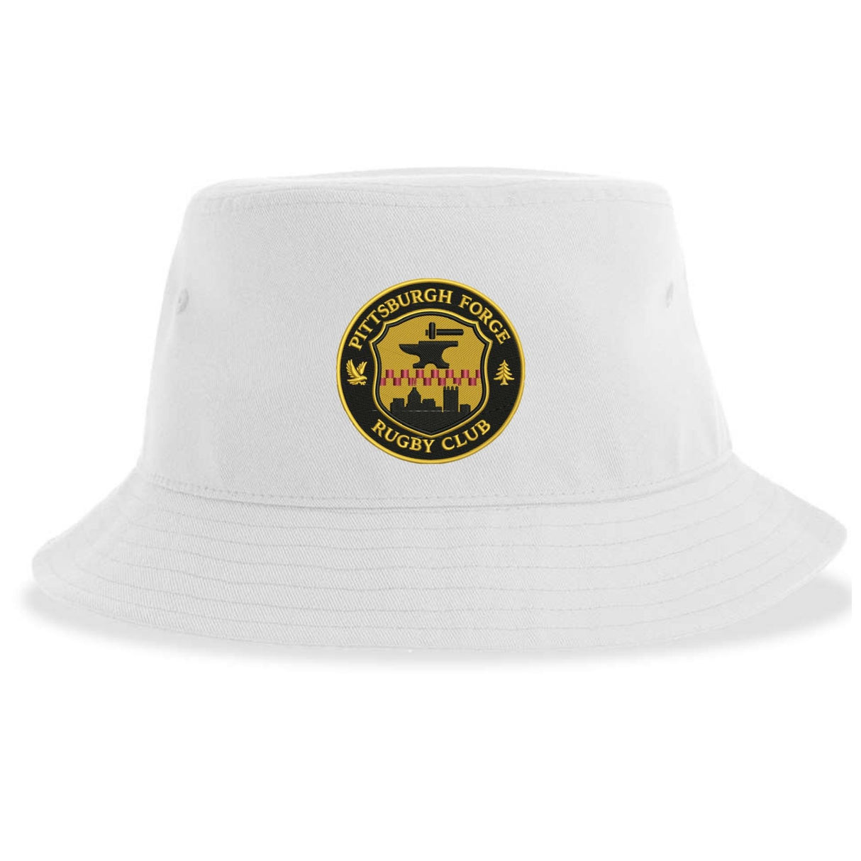 Introducing the Pittsburgh Forge Rugby Sustainable Bucket Hat by EMB S&S Activewear. This white bucket hat features a centrally placed circular Pittsburgh Forge Rugby Club logo patch in yellow, black, and red. Crafted from recycled polyester, it offers both eco-friendly appeal and stylish design.