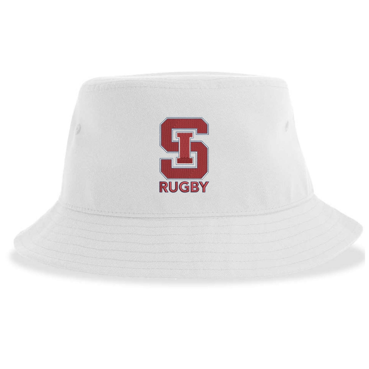 The St. Ignatius Rugby Sustainable Bucket Hat by EMB S&S Activewear features a large red "S" and the word "RUGBY" printed on the front. Made from recycled polyester, this eco-friendly bucket hat blends sustainability with classic team pride.