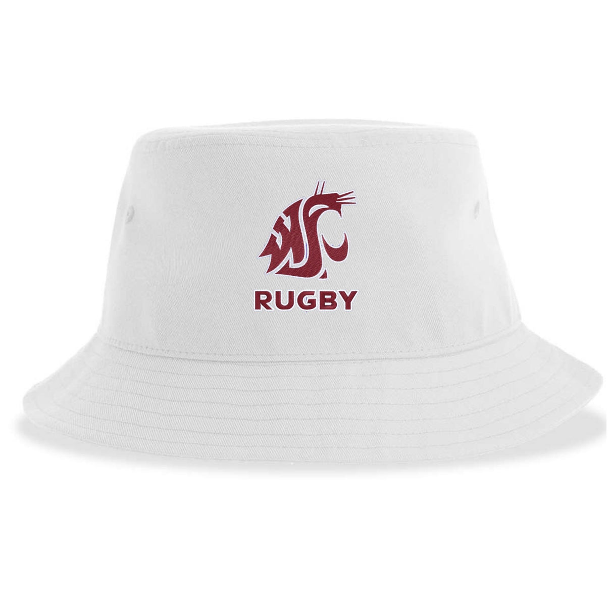 The Washington State Rugby Sustainable Bucket Hat by EMB S&S Activewear features a white design made from recycled polyester, adorned with a maroon cougar logo and "RUGBY" on the front—perfect for Washington State Rugby fans.