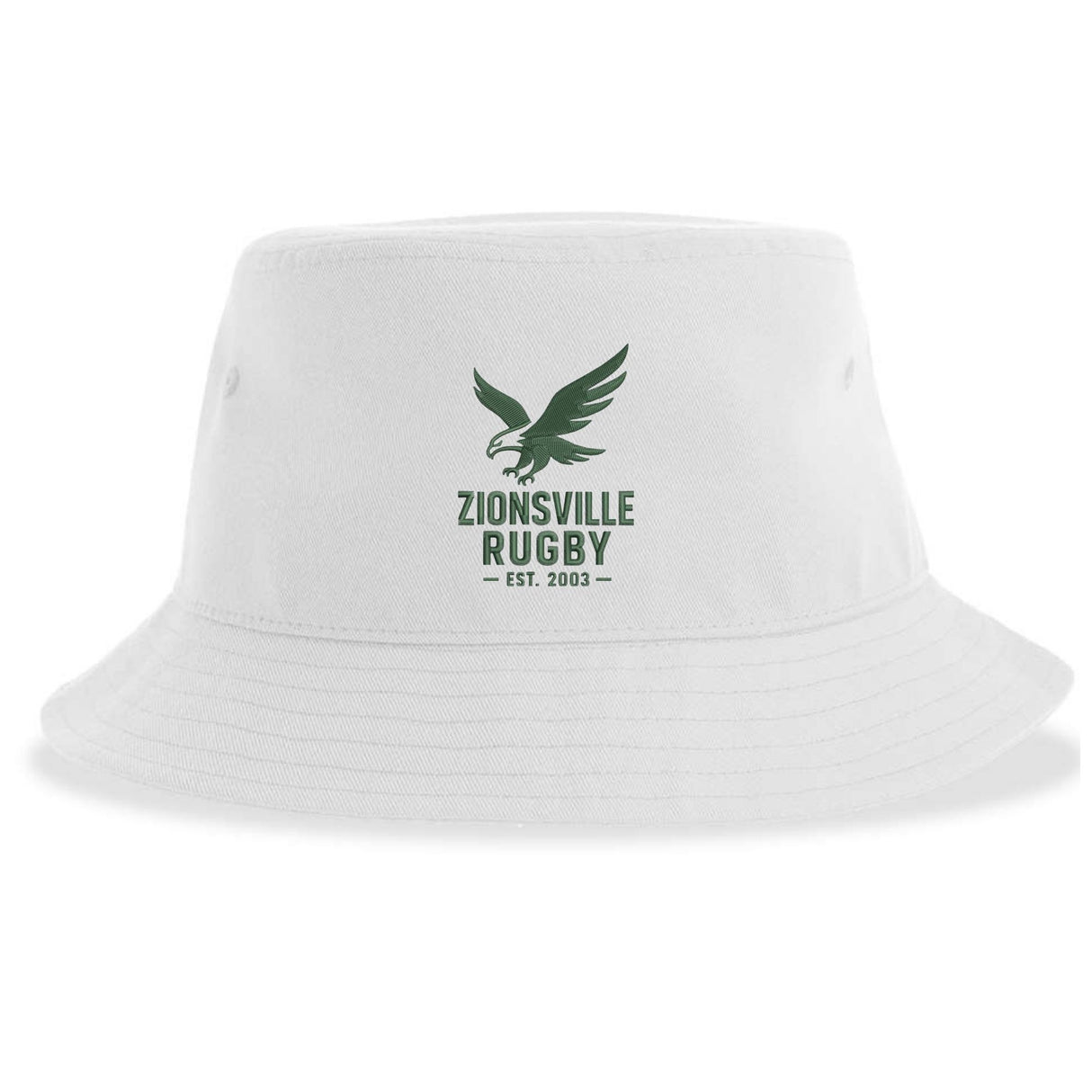 The Zionsville Rugby Sustainable Bucket Hat by EMB S&S Activewear is crafted from recycled polyester for an eco-friendly touch. This white bucket hat features a green eagle graphic above the words "Zionsville Rugby Est. 2003" printed on the front.