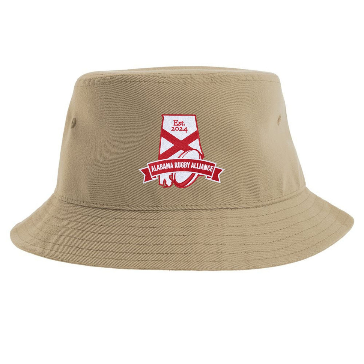 Introducing the Alabama Rugby Alliance Sustainable Bucket Hat by EMB S&S Activewear. This khaki bucket hat showcases a red and white "Alabama Rugby Alliance" logo with "Est. 2024" on the front. Crafted from recycled polyester, it’s a stylish and eco-friendly accessory for any supporter.