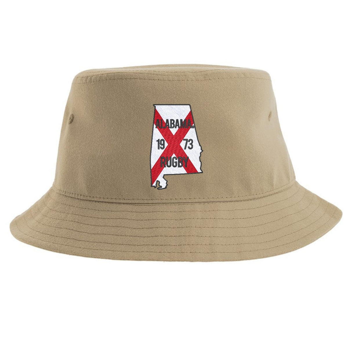 Introducing the University of Alabama Rugby Sustainable Bucket Hat by EMB S&S Activewear—a tan bucket hat made from recycled polyester, featuring an embroidered outline of Alabama with a red diagonal stripe and the text "Alabama Rugby 1973" on the front, inspired by University of Alabama Rugby tradition.