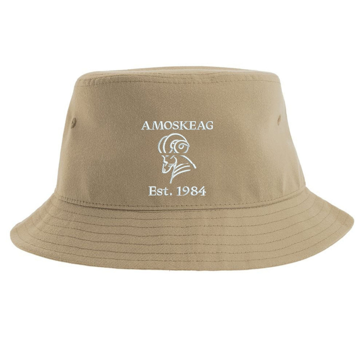 The Amoskeag Rugby Sustainable Bucket Hat by EMB S&S Activewear is a tan bucket hat featuring "AMOSKEAG," a ram logo, and "Est. 1984" embroidered in white on the front.