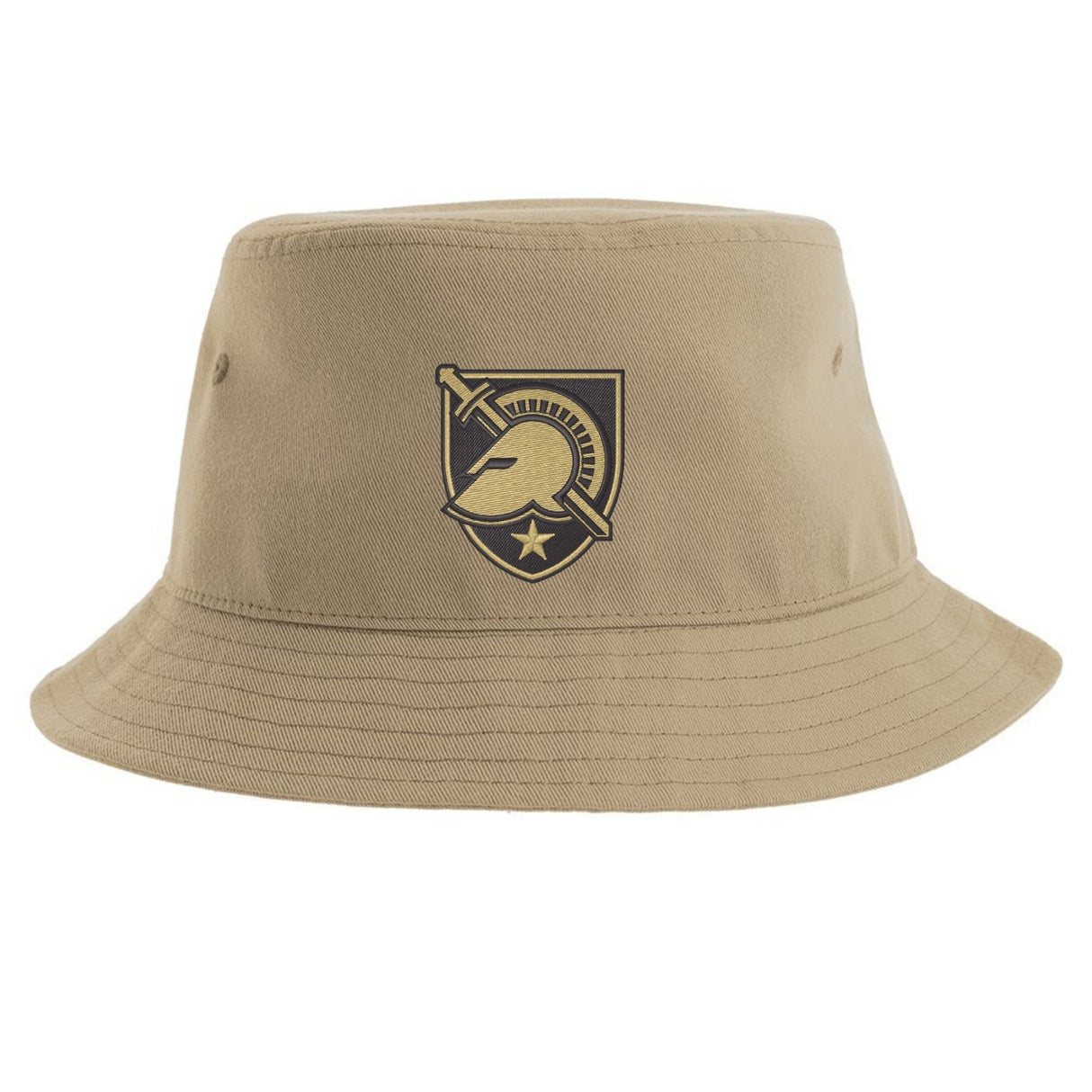 Introducing the West Point Rugby Sustainable Bucket Hat by EMB S&S Activewear—crafted from recycled polyester for eco-friendly comfort. This khaki bucket hat features a bold black emblem on the front, showcasing a Spartan helmet, sword, shield, and star—perfect for fans who want both style and sustainability.