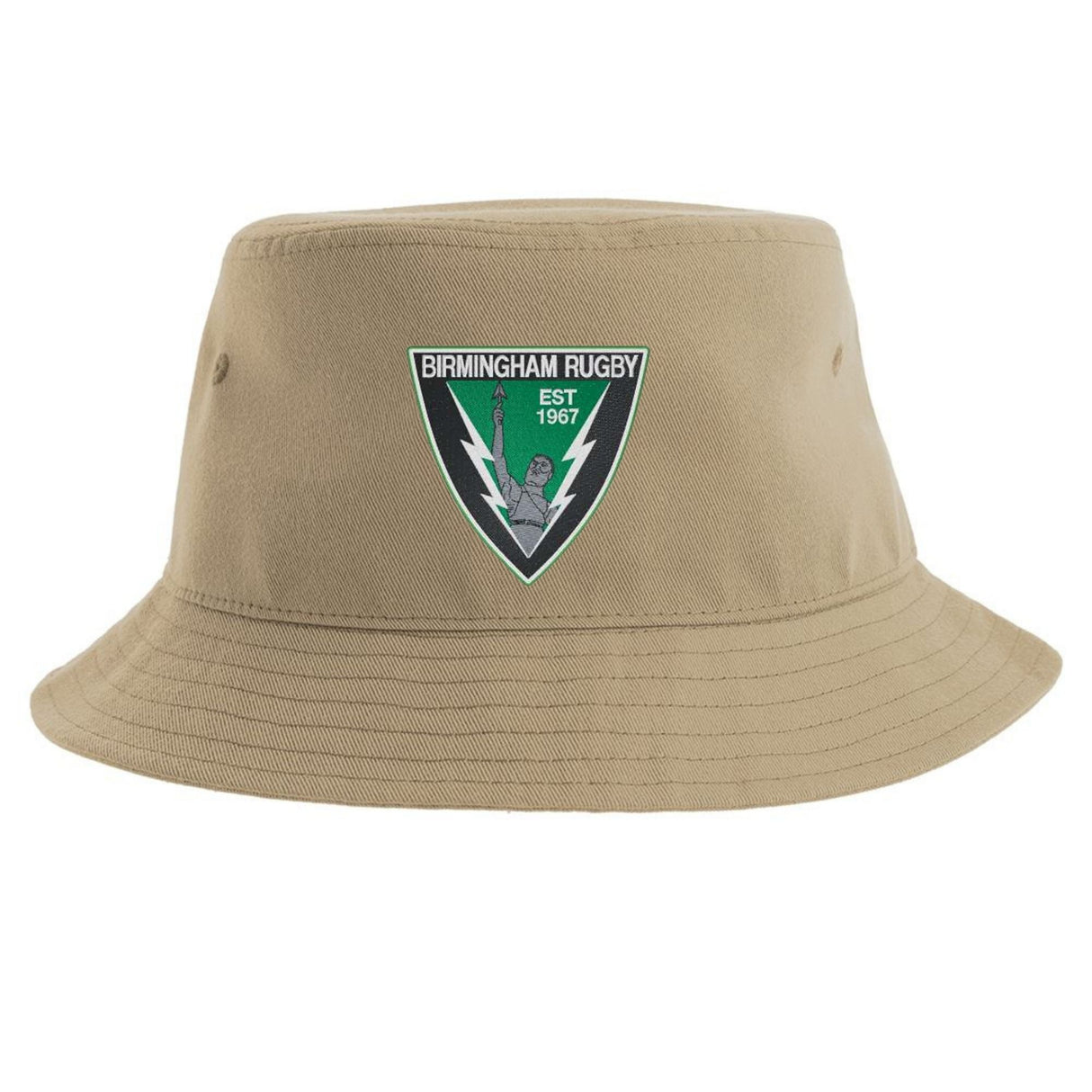The Birmingham Vulcans Rugby Sustainable Bucket Hat by EMB S&S Activewear is crafted from recycled polyester in a tan color and features a green and black "Birmingham Vulcans Rugby EST 1967" badge with a rugby player and lightning bolts on the front.