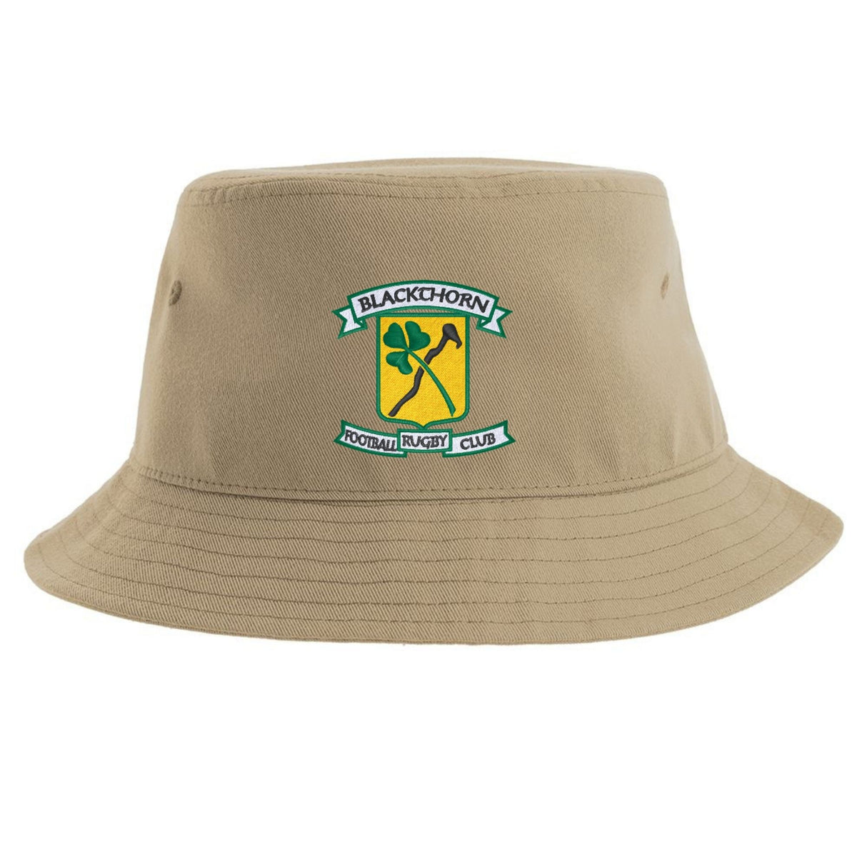 Introducing the Blackthorn Rugby Sustainable Bucket Hat by EMB S&S Activewear. This tan rugby bucket hat showcases the Blackthorn Football Rugby Club logo, featuring a shamrock and hurley crossed over a yellow shield. Made from recycled polyester, it’s an eco-friendly accessory that combines club pride with sustainable style.