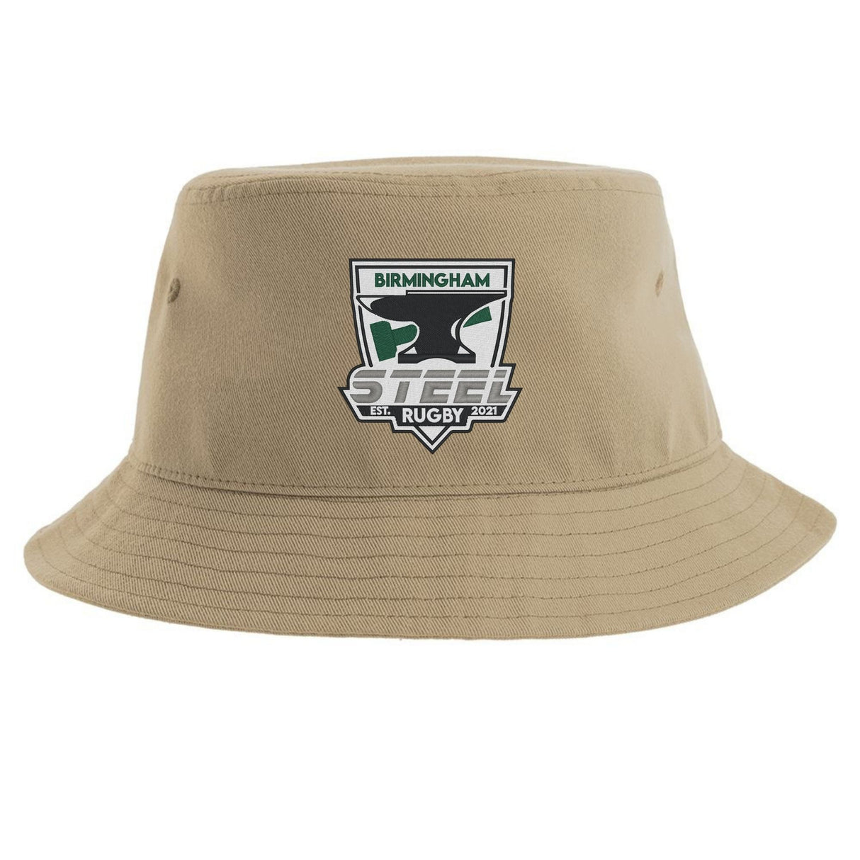 The Birmingham Steel Rugby Sustainable Bucket Hat by EMB S&S Activewear features a tan color with a Birmingham Steel Rugby 2024 logo on the front—showcasing a stylized steel beam and dark green accents. Made from recycled polyester, this eco-friendly rugby hat blends sustainable materials with athletic style.