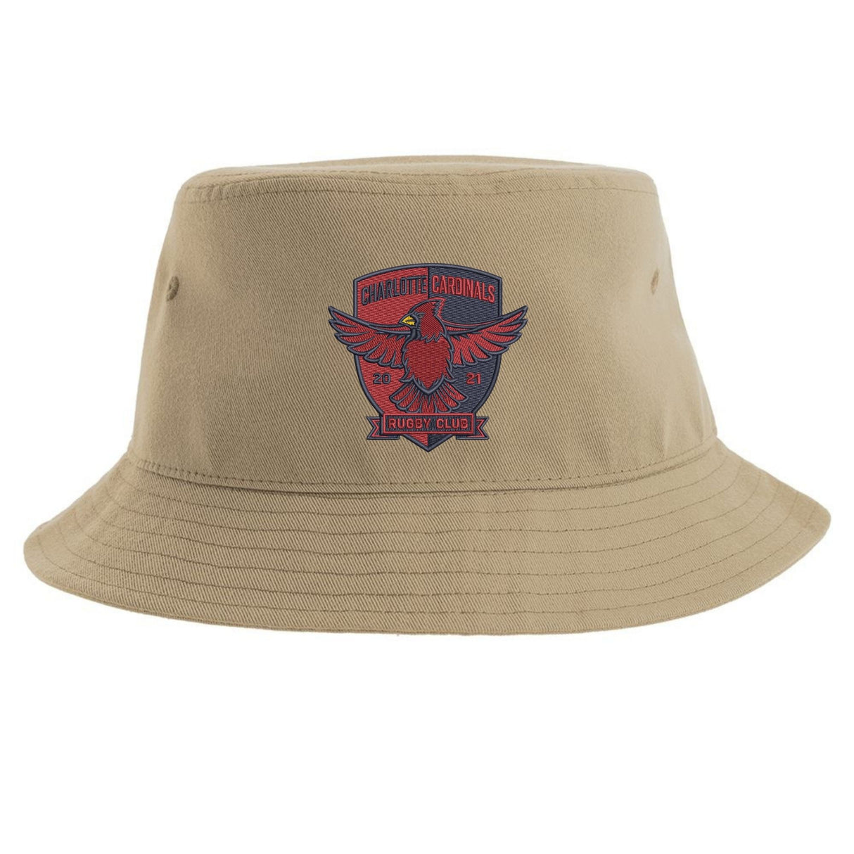 Introducing the Charlotte Cardinals Rugby Sustainable Bucket Hat by EMB S&S Activewear—a khaki bucket hat crafted from recycled polyester. It features a red and black "Charlotte Cardinals Rugby Club" logo with an illustrated cardinal and "2021" on the front, making it an eco-conscious and stylish choice for dedicated Charlotte Cardinals Rugby fans.
