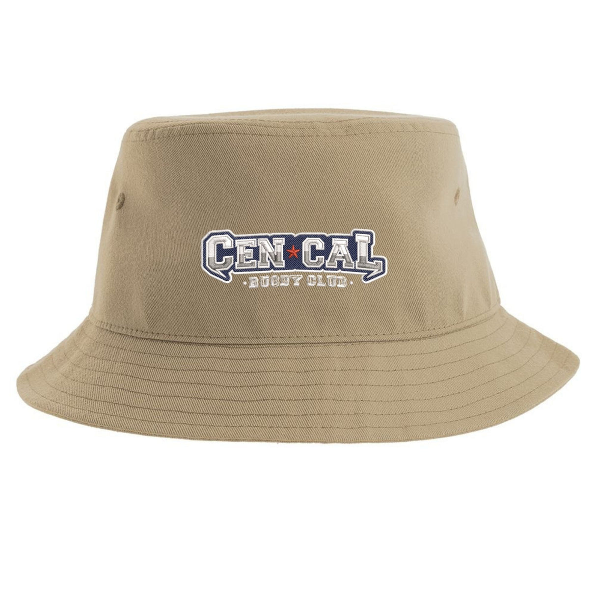 The CenCal Rugby Sustainable Bucket Hat by EMB S&S Activewear is crafted from recycled polyester for an eco-friendly choice and features "CEN CAL BOOST CLUB" embroidered in white and blue on the front.