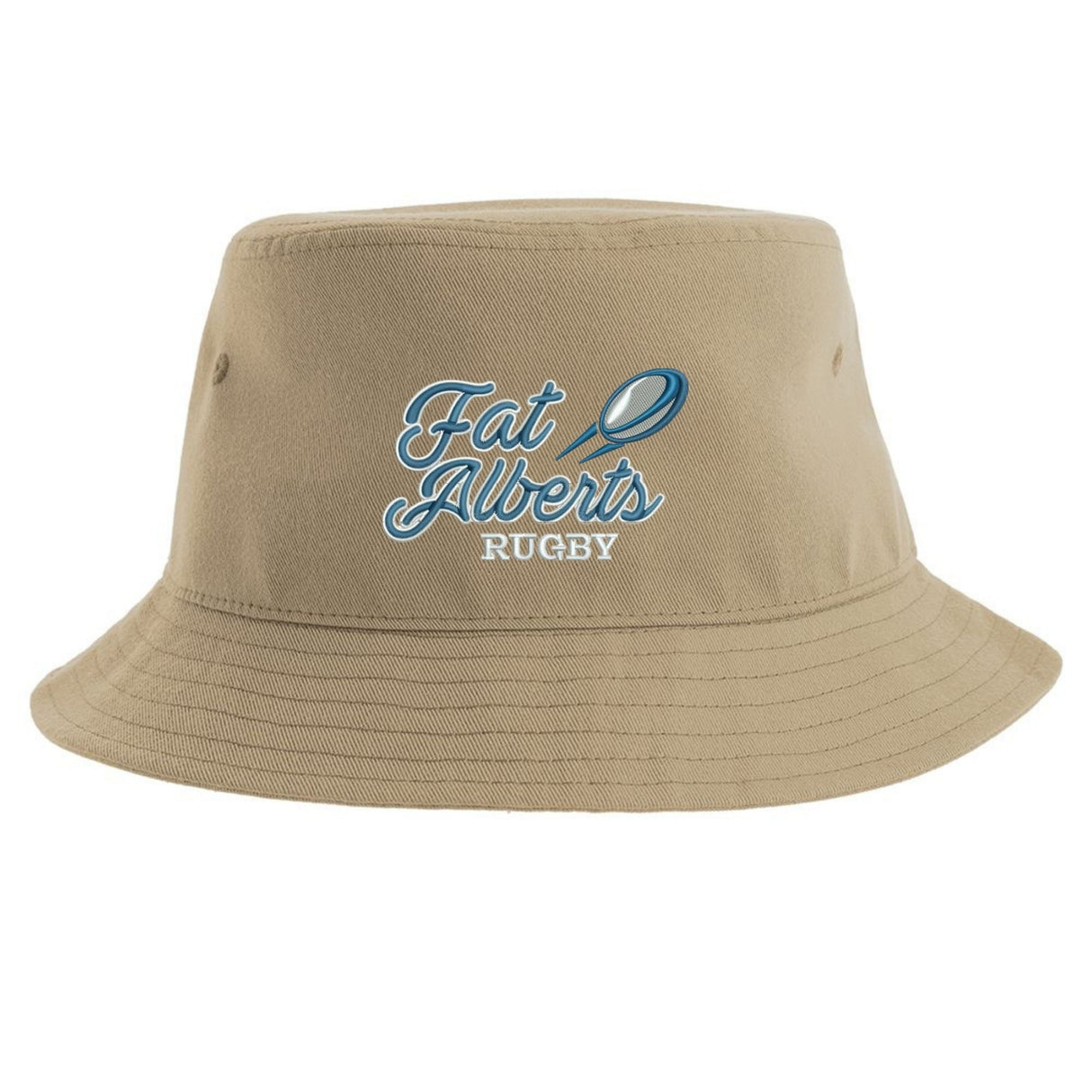 Introducing the EMB S&S Activewear Gulf Coast Fat Alberts Rugby Sustainable Bucket Hat—crafted from recycled polyester in a classic beige hue, and featuring "Fat Alberts Rugby" and a rugby ball graphic printed in blue and white on the front for a sporty, eco-friendly flair.