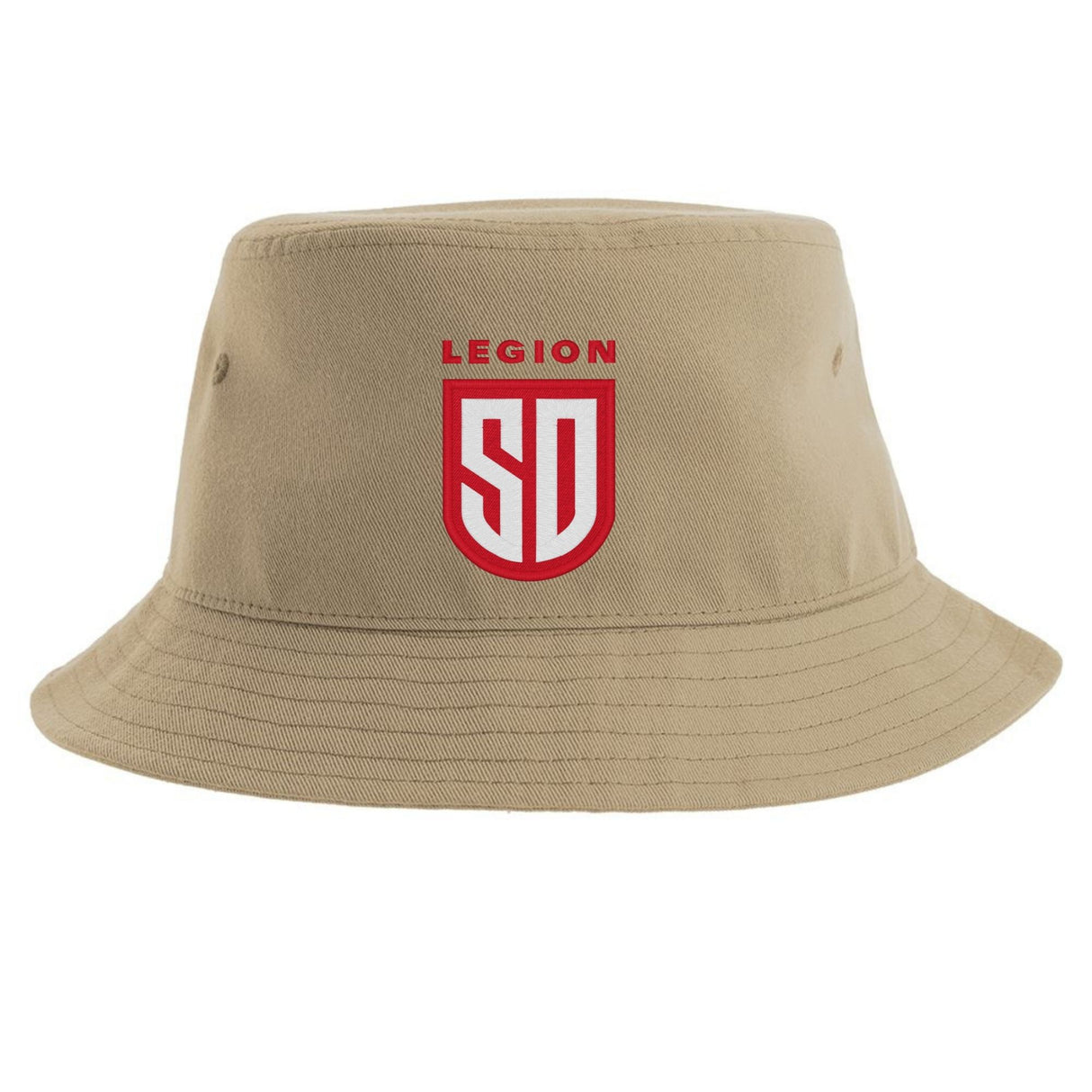 The San Diego Legion Rugby Sustainable Bucket Hat by EMB S&S Activewear is a tan bucket hat with a red "LEGION SD" logo on the front, inspired by the San Diego Legion rugby team.