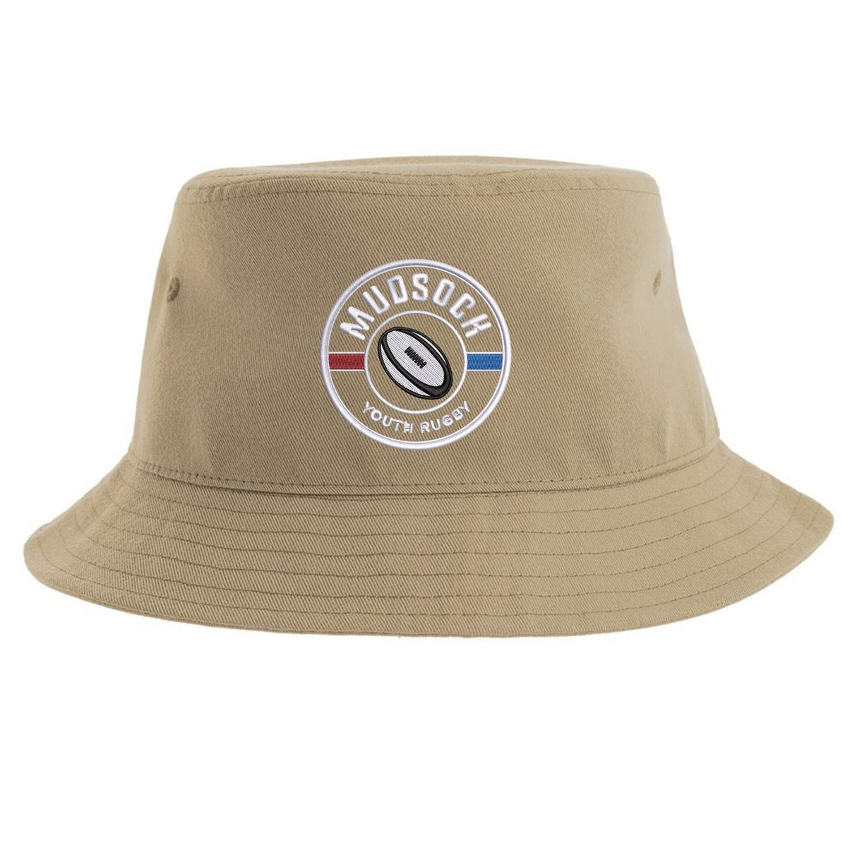 The Mudsock Youth Rugby Sustainable Bucket Hat by EMB S&S Activewear features a round "Mudsock Youth Rugby" logo with a rugby ball and red, white, and blue stripes, and is crafted from recycled polyester for an eco-friendly style in beige.