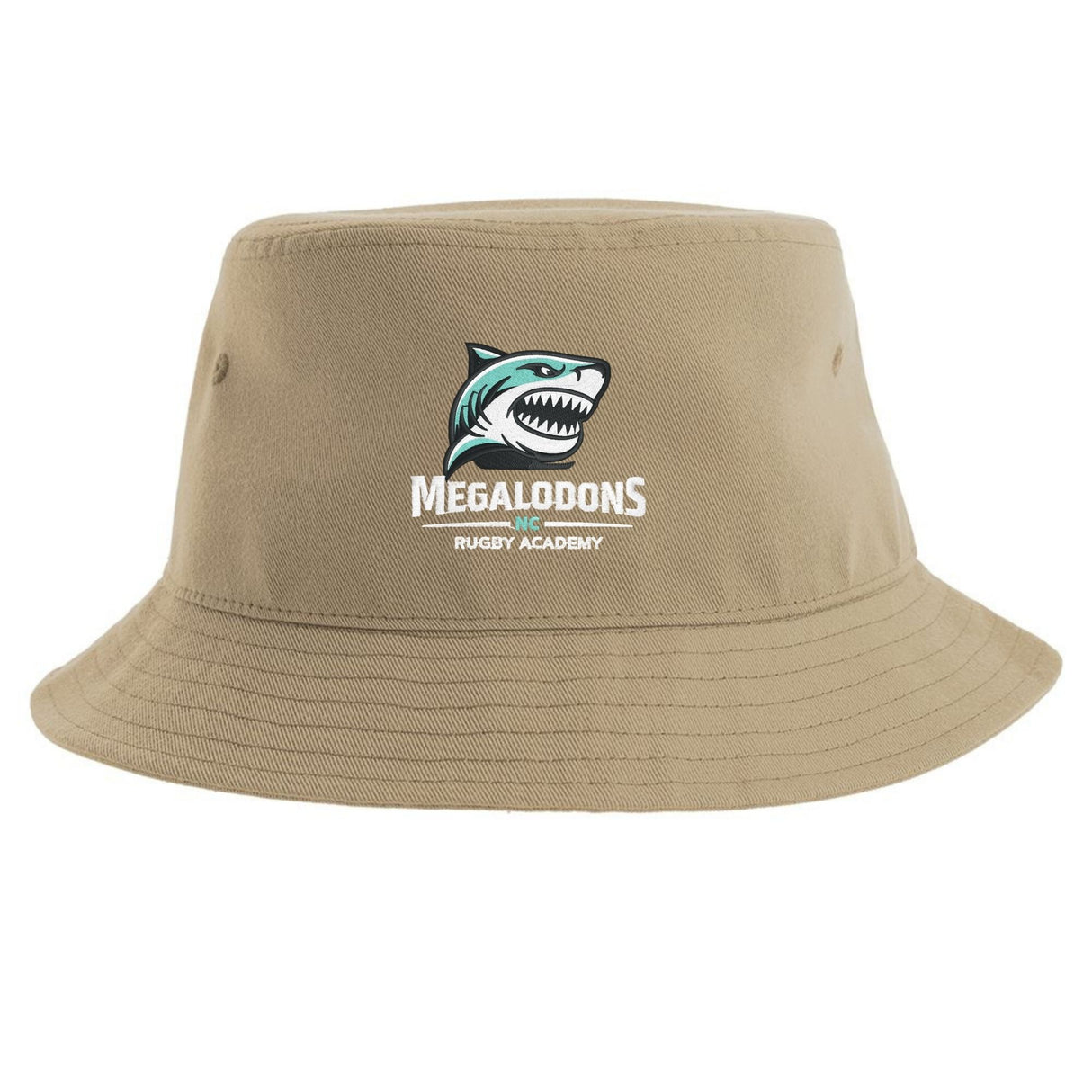 The NC Megalodons Rugby Academy Sustainable Bucket Hat by EMB S&S Activewear features a tan design with a shark logo above "Megalodons Rugby Academy" in white and teal lettering on the front—a must-have accessory for any NC Megalodons fan.