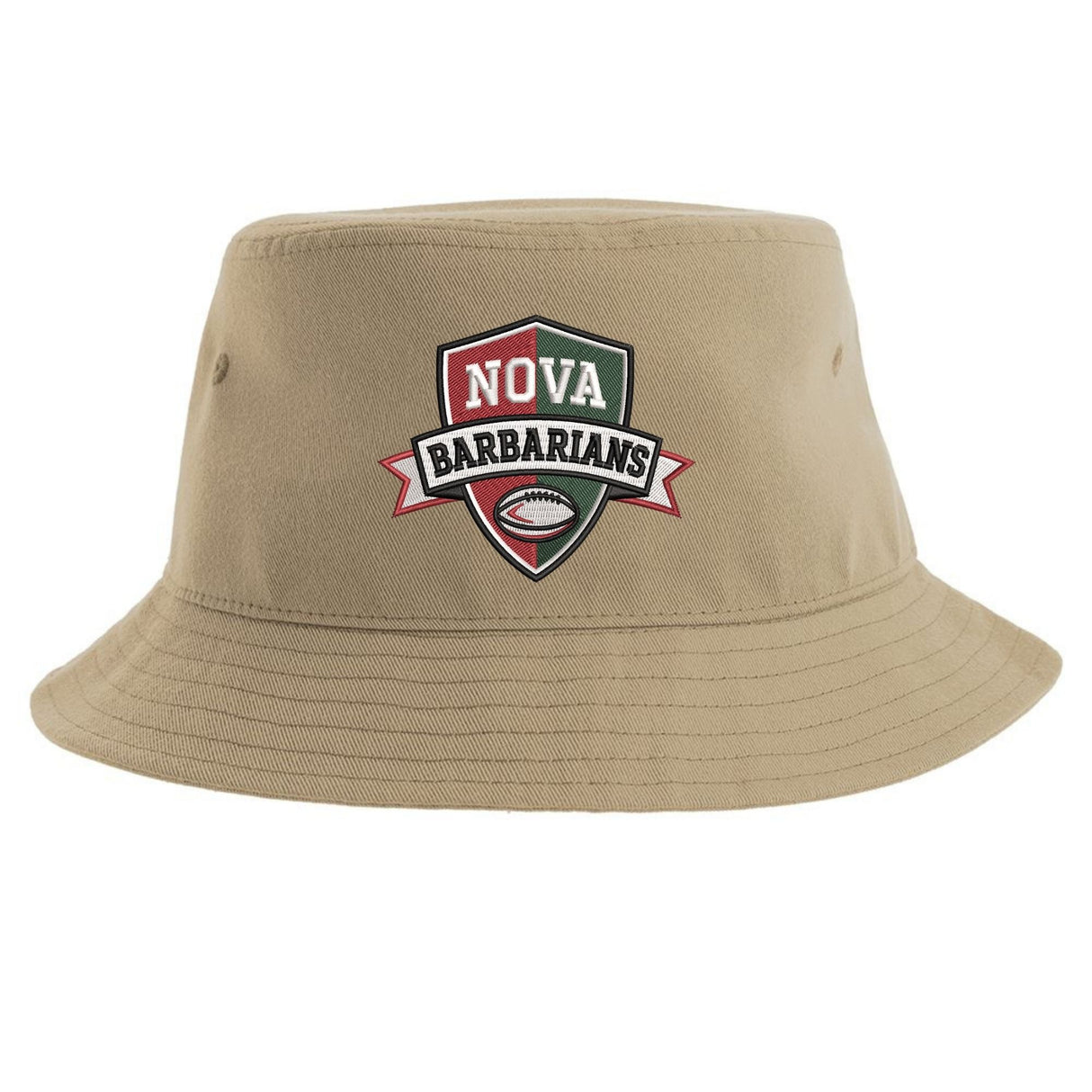 Introducing the NOVA Barbarians Rugby Sustainable Bucket Hat by EMB S&S Activewear. This tan bucket hat showcases the “NOVA Barbarians” rugby team logo with a shield and rugby ball graphic at the center front. Made from recycled polyester, it's an eco-friendly choice for rugby fans.