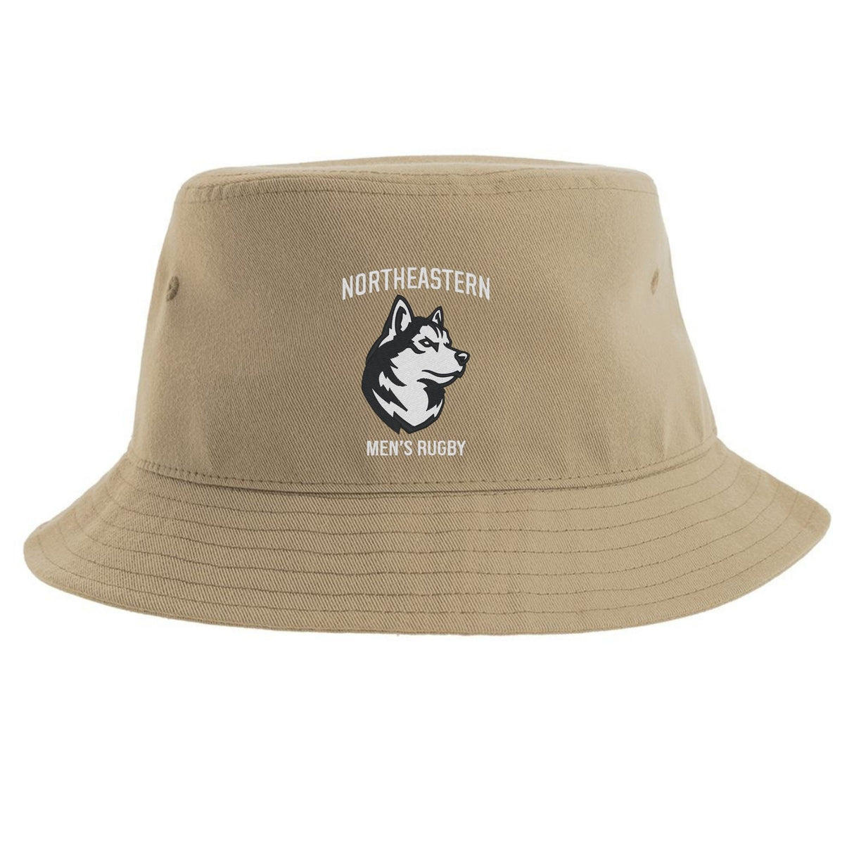 Sure! Here’s a rewritten version of the sentence using your provided product data: The EMB S&S Activewear Northeastern University Men's Rugby Sustainable Bucket Hat features a tan color with “Northeastern Men’s Rugby” and a husky head logo printed on the front.