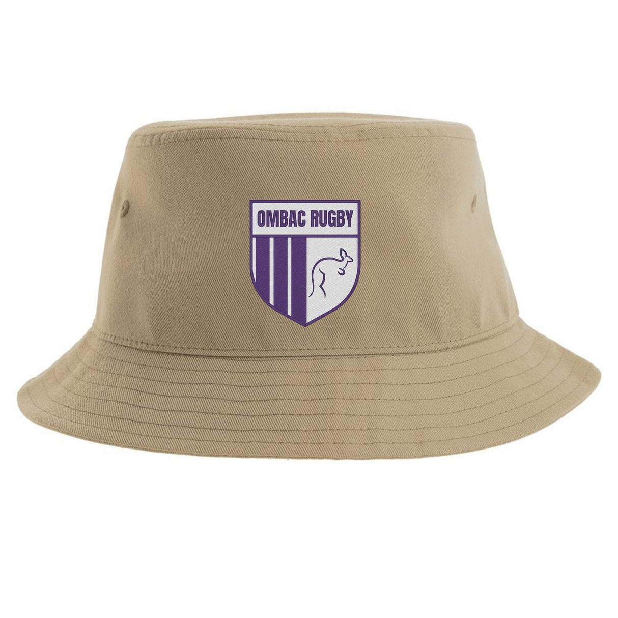 The OMBAC Rugby Sustainable Bucket Hat by EMB S&S Activewear is a beige bucket hat featuring a purple and white shield logo with a stylized animal, making it the perfect eco-friendly accessory for environmentally conscious rugby fans.
