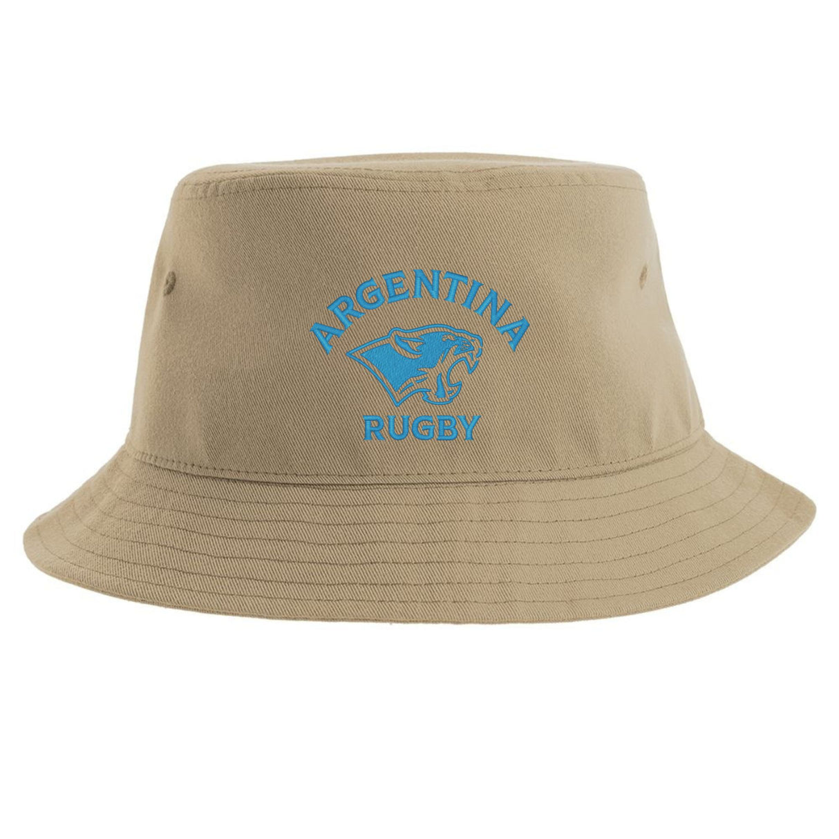 Introducing the Nations of Rugby Argentina Rugby Sustainable Bucket Hat by EMB S&S Activewear. This beige bucket hat showcases blue "Argentina Rugby" text and a jaguar logo on the front, crafted from recycled polyester for an eco-friendly touch.