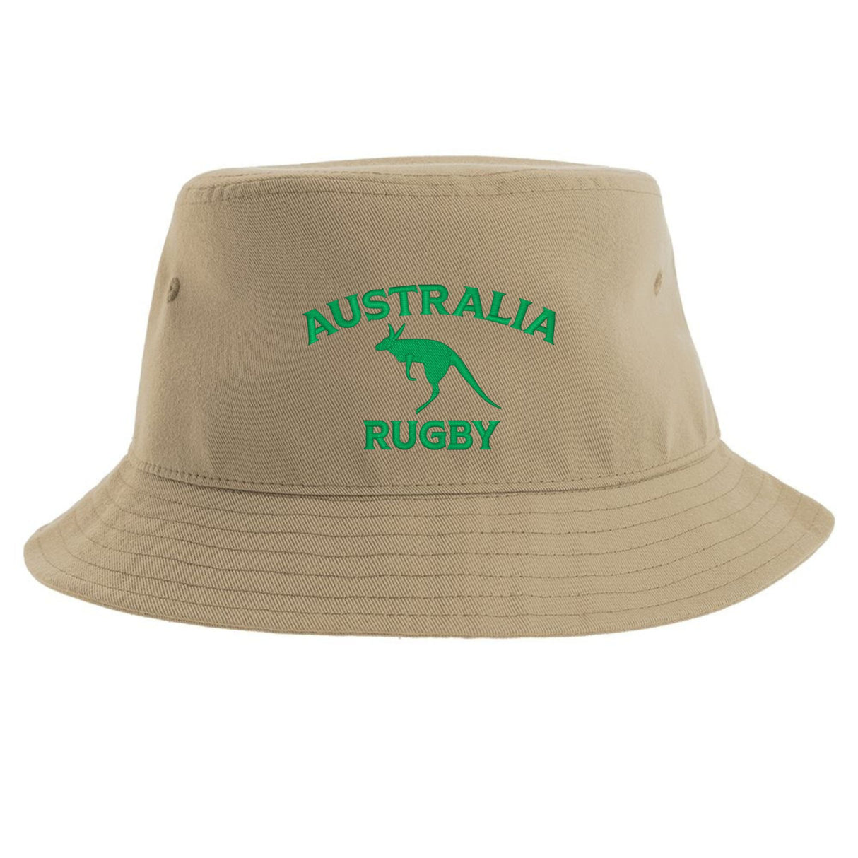 The EMB S&S Activewear Nations of Rugby Australia Rugby Sustainable Bucket Hat is crafted from recycled polyester in beige, featuring green "Australia Rugby" text and a kangaroo logo on the front for an eco-friendly and stylish choice.