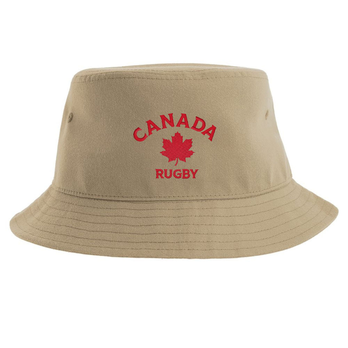 The Nations of Rugby Canada Rugby Sustainable Bucket Hat by EMB S&S Activewear is crafted from beige recycled polyester and features "CANADA RUGBY" and a red maple leaf embroidered on the front.