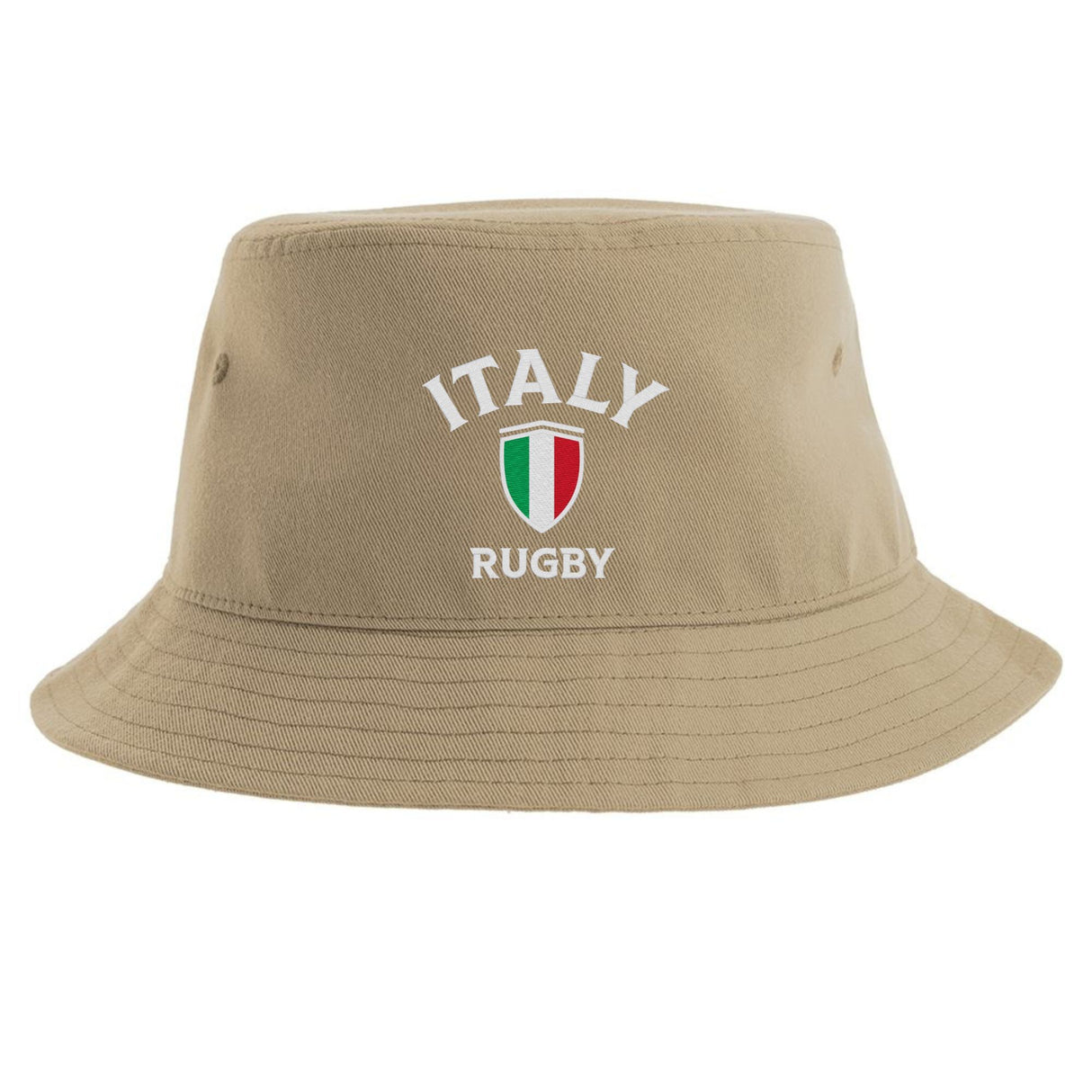 The Nations of Rugby Italy Rugby Sustainable Bucket Hat by EMB S&S Activewear features "Italy Rugby" and a shield with the Italian flag colors printed on the front. Made from recycled polyester, this eco-friendly hat lets fans show their support for Italy’s rugby team in style and sustainability.