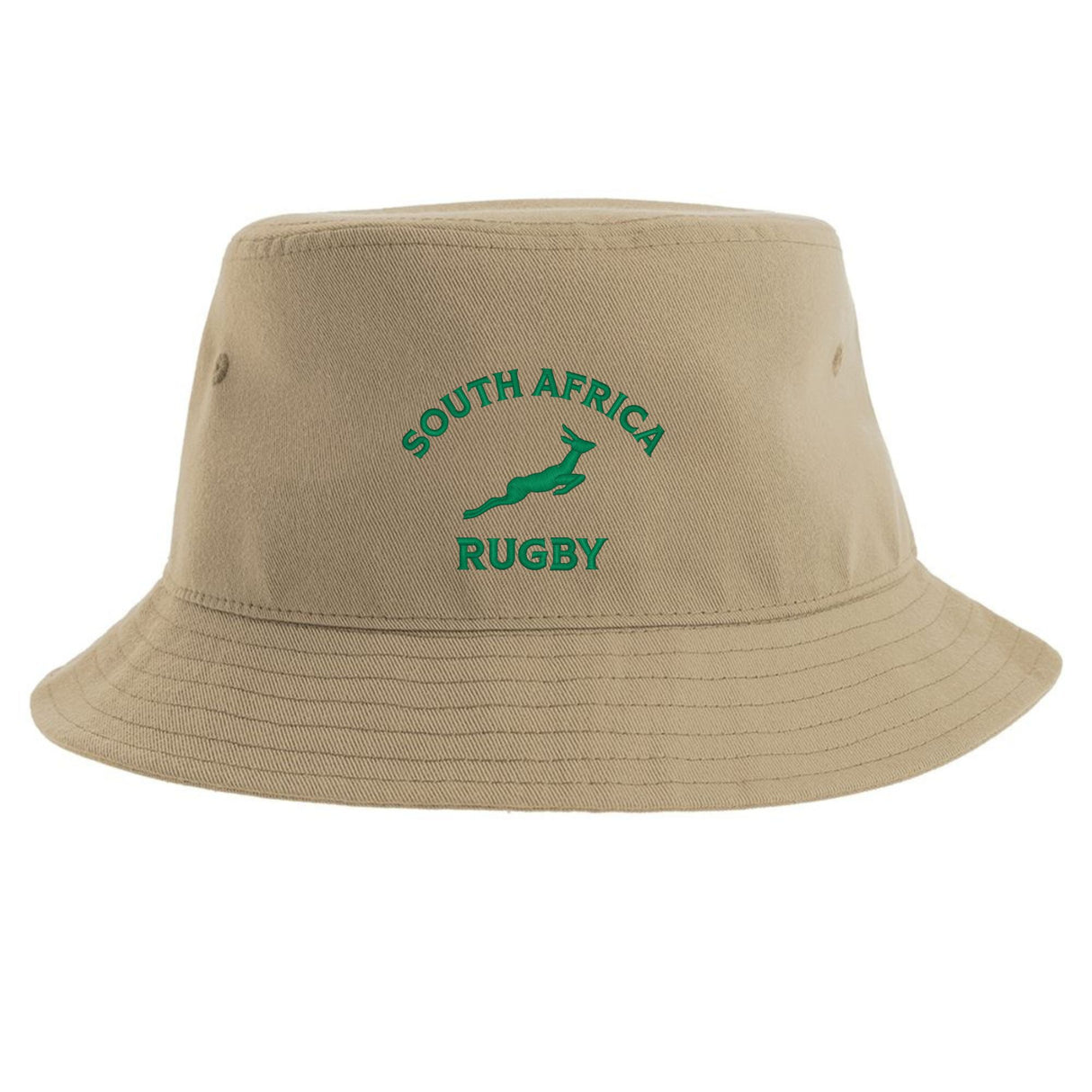 The EMB S&S Activewear Nations of Rugby South Africa Rugby Sustainable Bucket Hat features a beige design with "South Africa Rugby" and a green springbok logo embroidered on the front, crafted from recycled polyester for a stylish and eco-friendly option.