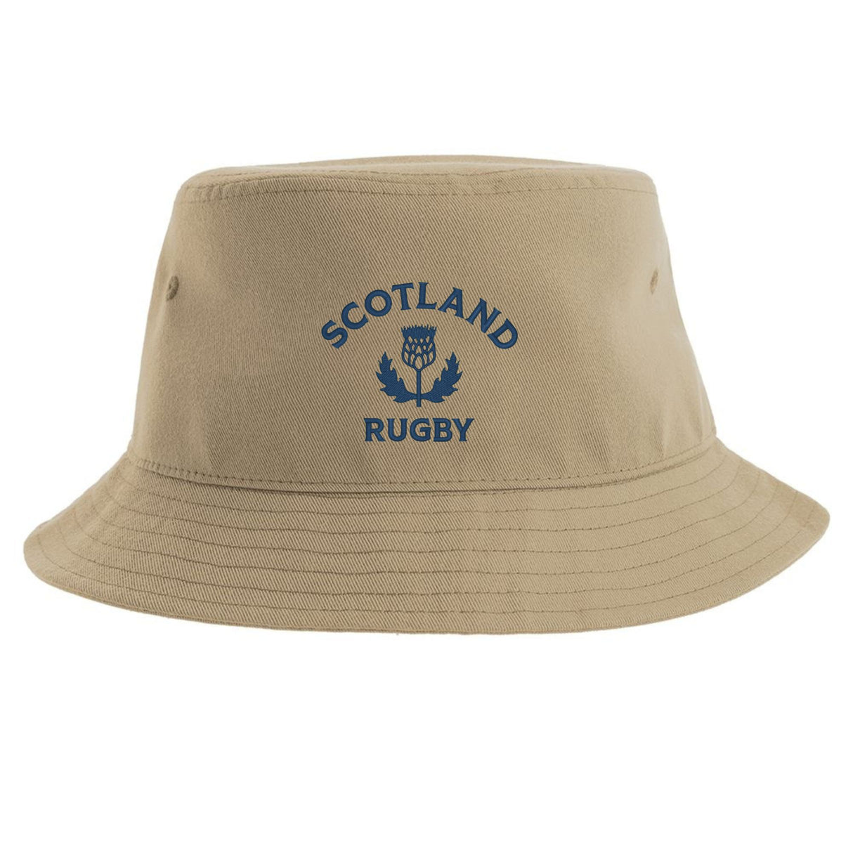 Show your support with the Nations of Rugby Scotland Rugby Sustainable Bucket Hat from EMB S&S Activewear. Made from recycled polyester for an eco-friendly choice, this beige hat features "Scotland Rugby" and a blue thistle emblem printed on the front.