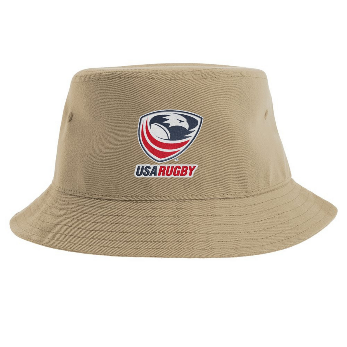 The USA Rugby Crest Sustainable Bucket Hat by EMB S&S Activewear is crafted from recycled polyester and features a bold red, white, and blue eagle head logo on the front—making it a sustainable choice for true fans.