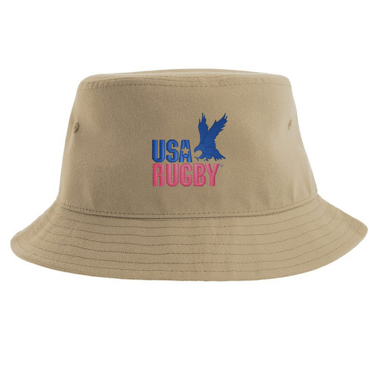 The USA Rugby Throwback Sustainable Bucket Hat by EMB S&S Activewear features "USA Rugby" text and a blue eagle logo embroidered on the front—a classic rugby hat style perfect for fans.