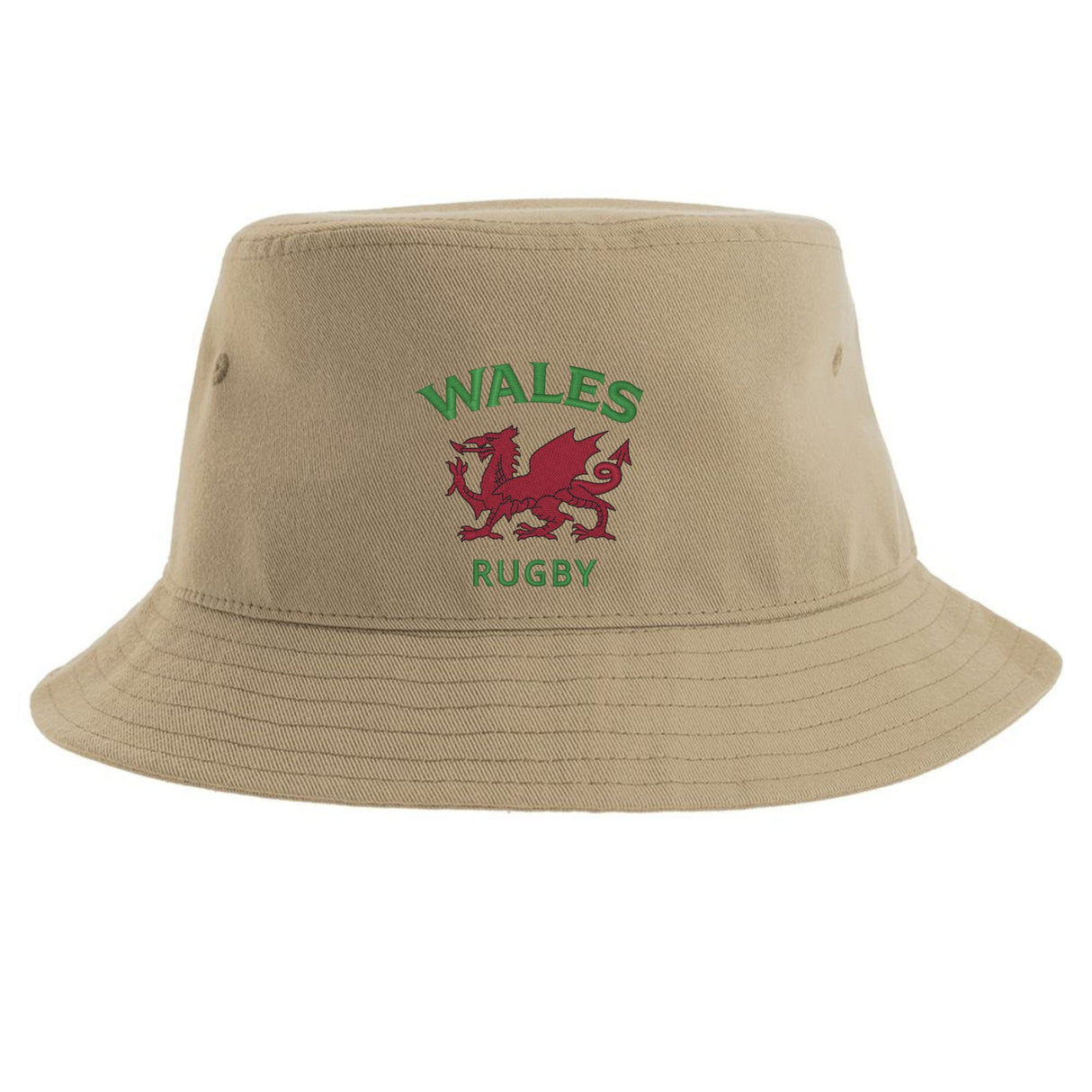 The Nations of Rugby Wales Rugby Sustainable Bucket Hat by EMB S&S Activewear is made from recycled polyester for a more eco-friendly option. This beige bucket hat features green "WALES RUGBY" text and a red dragon emblem printed on the front.