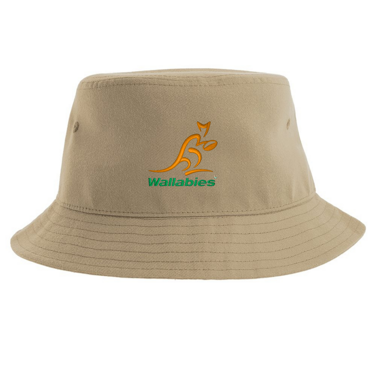 The Wallabies Sustainable Bucket Hat by EMB S&S Activewear features a tan design with an orange kangaroo logo and the word "Wallabies" in green text on the front, combining classic style with sporty flair.