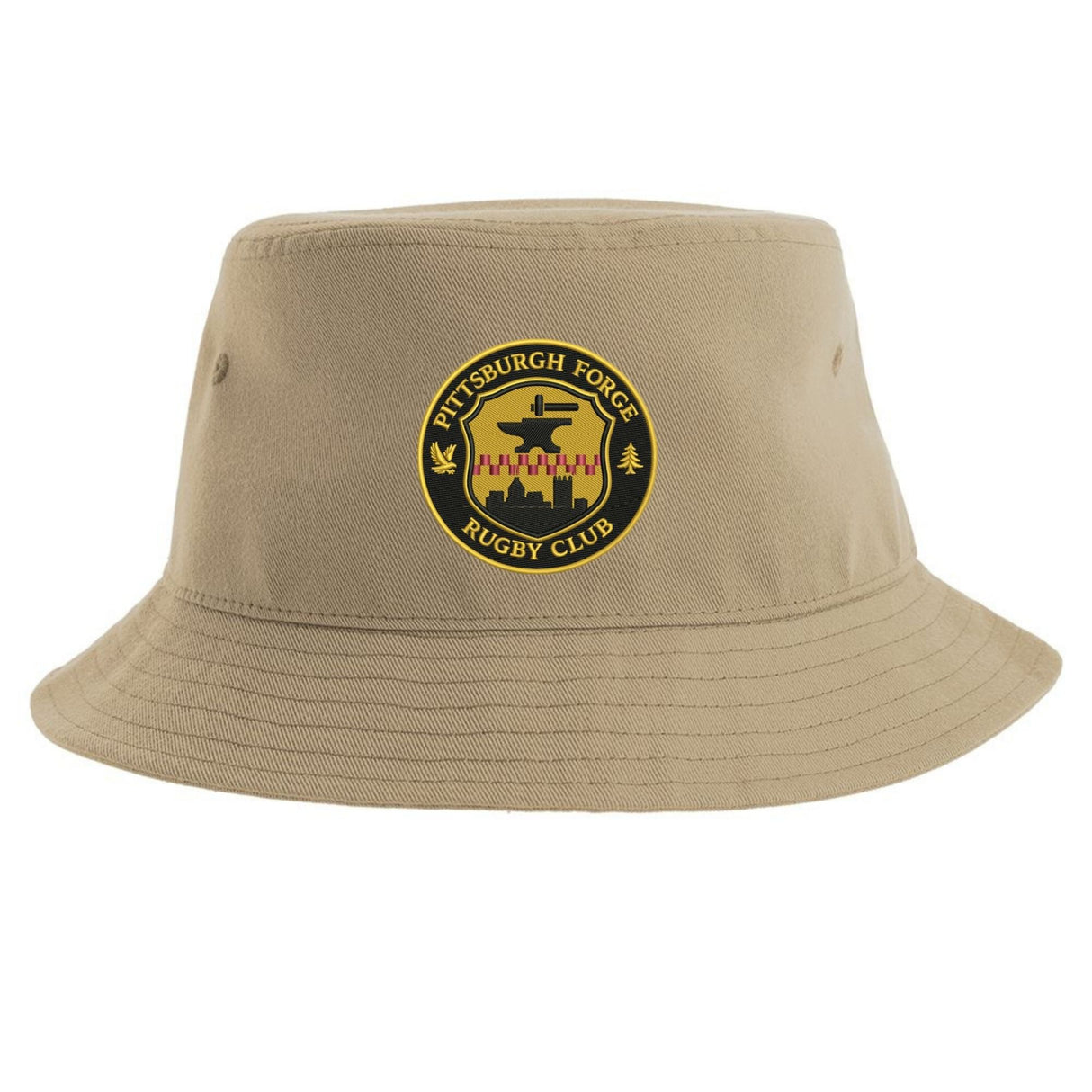 The Pittsburgh Forge Rugby Sustainable Bucket Hat by EMB S&S Activewear is a tan bucket hat made from recycled polyester, featuring a circular Pittsburgh Forge Rugby Club logo centered on the front for an eco-friendly style.