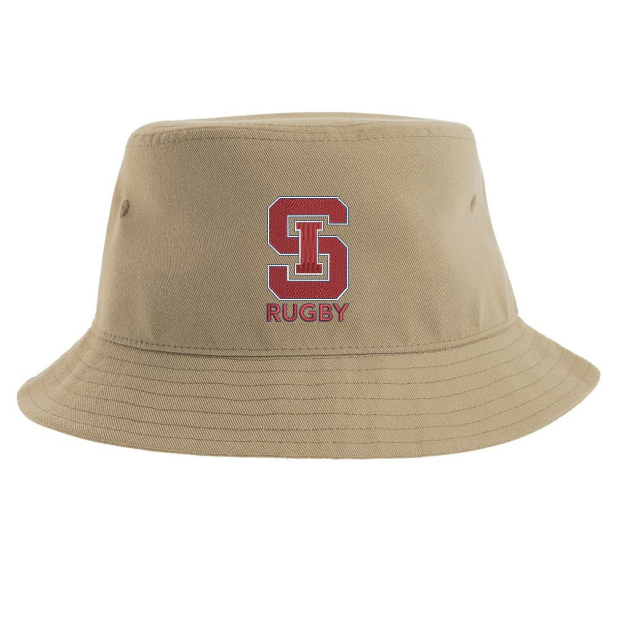 Introducing the St. Ignatius Rugby Sustainable Bucket Hat by EMB S&S Activewear, featuring a tan design with a red "S" logo and "RUGBY" embroidered on the front. Crafted from recycled polyester, it offers both eco-friendly style and comfort.