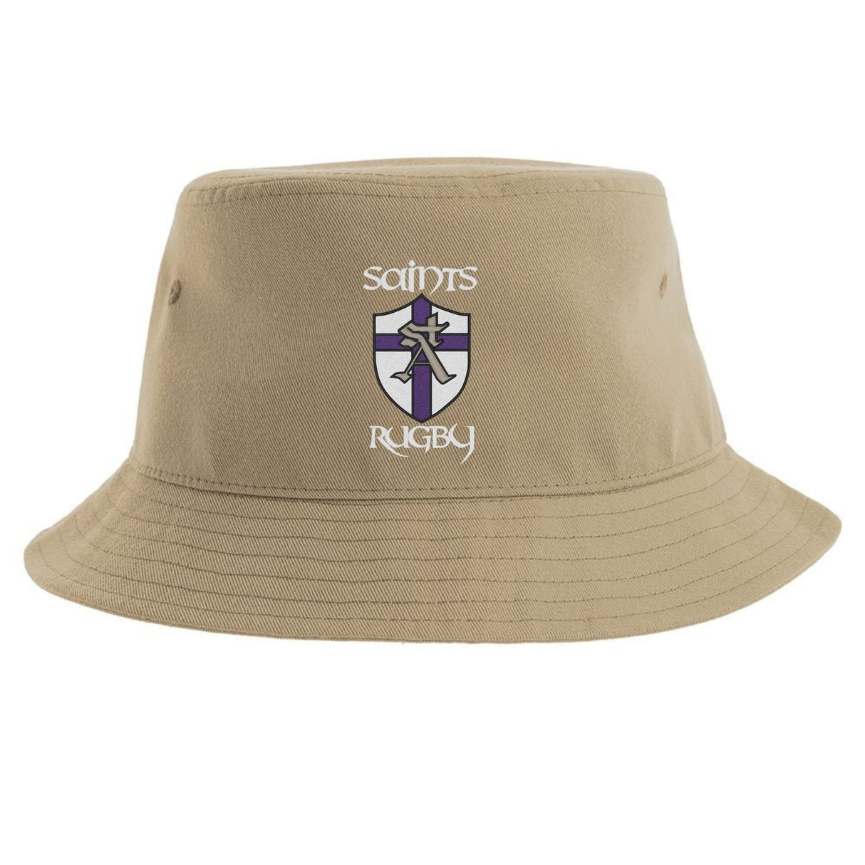 The St. Augustine Rugby Sustainable Bucket Hat by EMB S&S Activewear is a tan, eco-friendly bucket hat featuring a custom embroidered purple and gray shield emblem with a cross and sword, and "Saints Rugby" stitched above and below the shield.