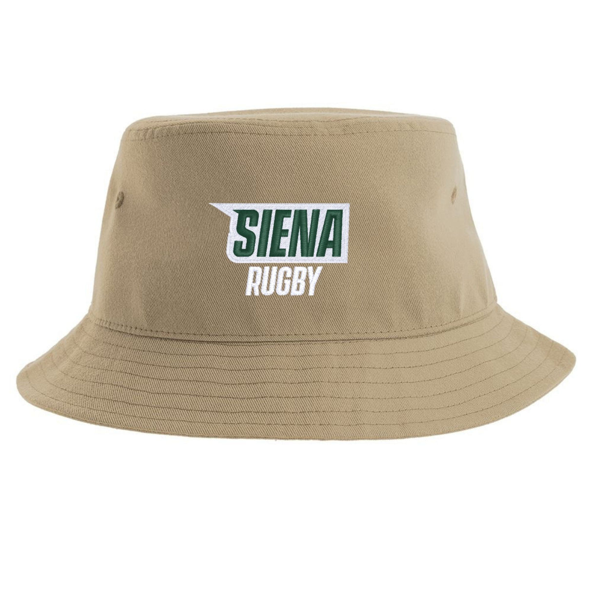 Introducing the Siena College Rugby Sustainable Bucket Hat by EMB S&S Activewear—a tan bucket hat crafted from recycled polyester, featuring "Siena Rugby" embroidered in green and white on the front. It’s the perfect eco-friendly accessory to show your Siena College Rugby pride.